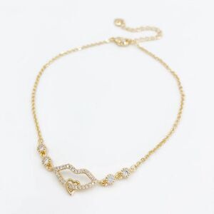 NEW Gold Plated Lip Charm Anklet Bracelet w/ Heart & CZ Accents CZ 7" to 9"